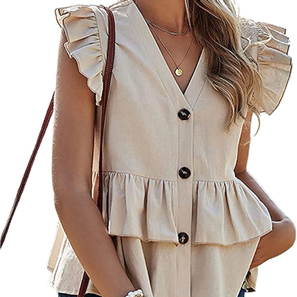 Women's Ruffle Sleeve Button-Down Top - Cream